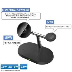 3 i 1 trådløs lader - magnetisk stativ - hurtiglading - for iPhone - iWatch - AirPods - 15W