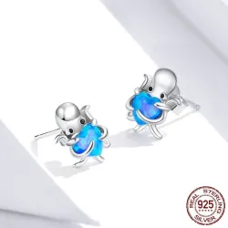 Sølv blekksprut / blått krystallhjerte - øredobber - 925 sterling sølv