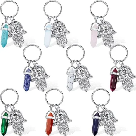 Chakra Hamsa main / pierre hexagonale naturelle - porte-clés