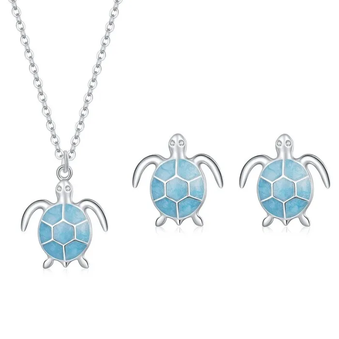 Collier / boucles d'oreilles tortue bleue - ensemble - argent sterling 925