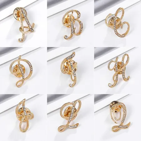 Lettres en cristal anglais - alphabet - broche dorée