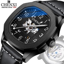 CHENXI - relógio de quartzo mecânico automático - à prova d'água - design de esqueleto - preto