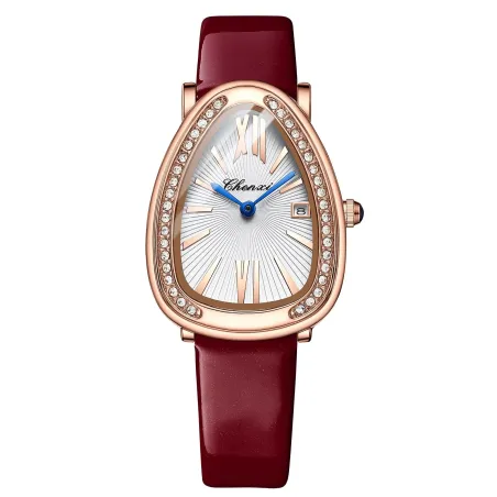 CHENXI - elegant Quartz-klokke med rhinestones - vanntett - lærreim - mørk rød