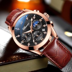 RelojesCHENXI - reloj deportivo de cuarzo - resistente al agua - correa de cuero - marrón / negro