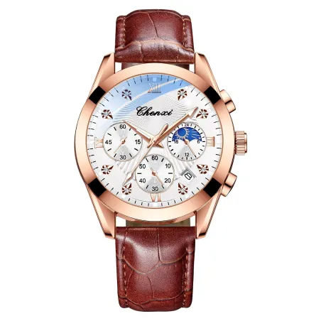 CHENXI - sports Quartz-klokke - vanntett - lærreim - brun / hvit