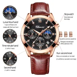 CHENXI - sports Quartz-klokke - vanntett - lærreim - svart / rosa gull