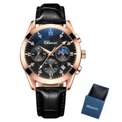 CHENXI - sports Quartz-klokke - vanntett - lærreim - svart / rosa gull
