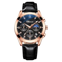 CHENXI - sportowy zegarek kwarcowy - wodoodporny - skórzany pasek - czarny / różowe złotoZegarki