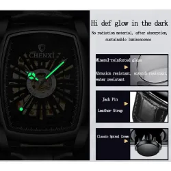 CHENXI - automatic square watch - hollow-carved design - leather strap - black / greenWatches