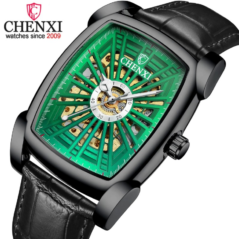 CHENXI - automatisk firkantet ur - huludskåret design - læderrem - sort / grøn