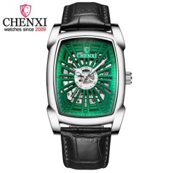 CHENXI - automatyczny kwadratowy zegarek - wydrążony rzeźbiony wzór - skórzany pasek - srebrny / zielonyZegarki