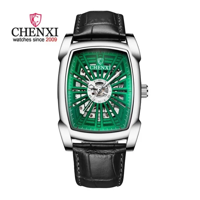 CHENXI - montre carrée automatique - design sculpté en creux - bracelet en cuir - argent / vert