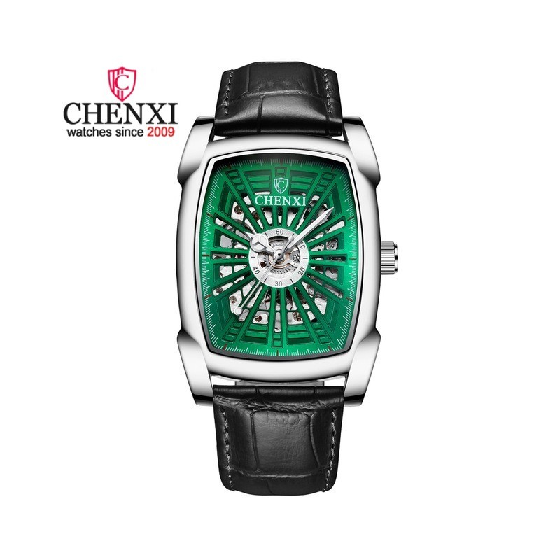 CHENXI - relógio quadrado automático - design vazado - pulseira de couro - prata / verde
