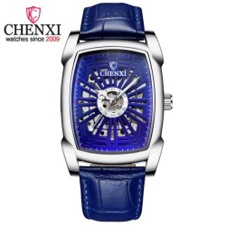CHENXI - automatyczny kwadratowy zegarek - wydrążony rzeźbiony wzór - skórzany pasek - srebrny / niebieskiZegarki