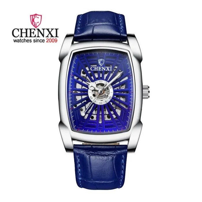 CHENXI - automatic square watch - hollow-carved design - leather strap - silver / blueWatches