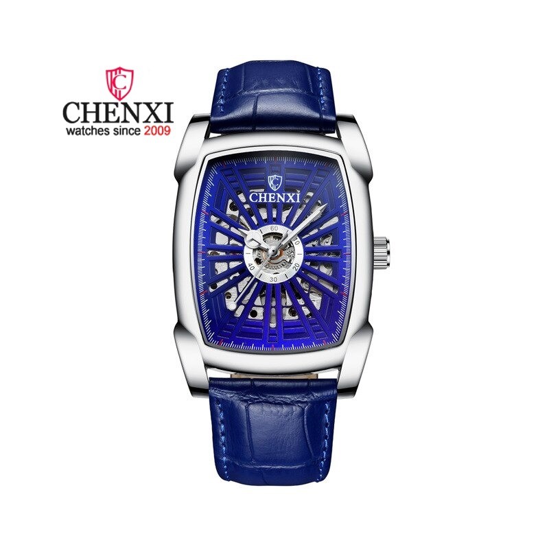 CHENXI - automatisk firkantet ur - huludskåret design - læderrem - sølv / blå