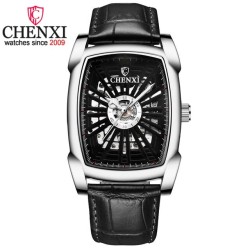 CHENXI - automatisk firkantet ur - huludskåret design - læderrem - sølv / sort