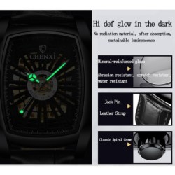RelojesCHENXI - reloj cuadrado automático - diseño hueco tallado - correa de piel - negro