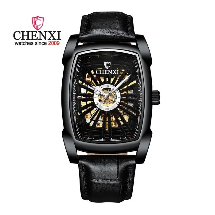 CHENXI - automatic square watch - hollow-carved design - leather strap - blackWatches