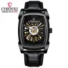 CHENXI - relógio quadrado automático - design vazado - pulseira de couro - preto