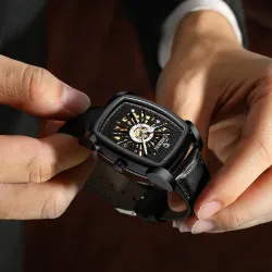 CHENXI - automatic square watch - hollow-carved design - leather strap - blackWatches