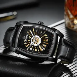 CHENXI - montre carrée automatique - design sculpté en creux - bracelet en cuir - noir