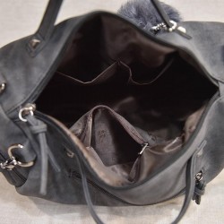 Vintage nubuck läderväska med nitar / päls pom pom