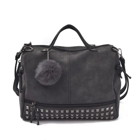 Vintage nubuck skinnveske med nagler / pels pom pom