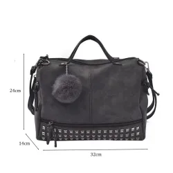 Vintage nubuck skinnveske med nagler / pels pom pom