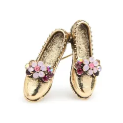 Retro broche - gyldne sko / rhinestones blomster
