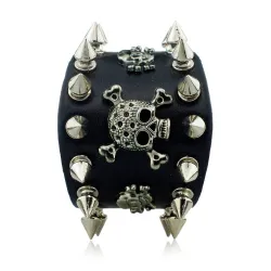 PulseraPulsera ancha de cuero - remaches - calavera - estilo punk
