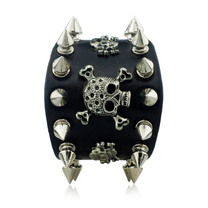 Bracelet cuir large - rivets - tête de mort - style punk