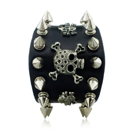 Bracelet cuir large - rivets - tête de mort - style punk