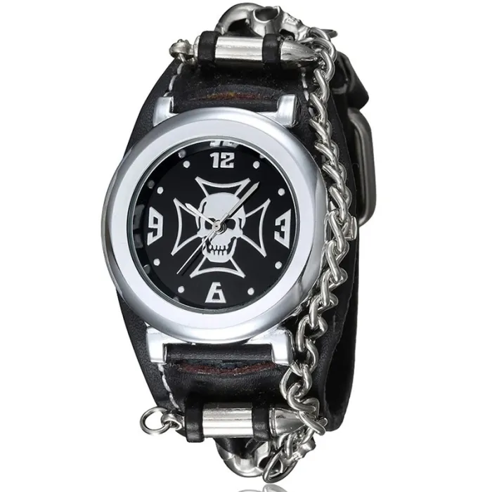 Montre de sport à quartz - tête de mort/chaîne - style punk/gothique - bracelet cuir