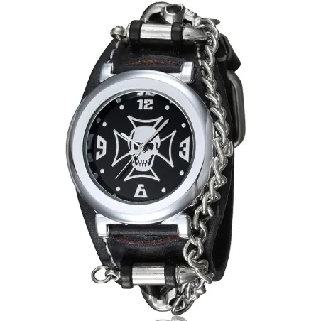 Montre de sport à quartz - tête de mort/chaîne - style punk/gothique - bracelet cuir
