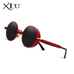 Óculos de sol redondo gótico / steampunk - lente vermelha - armação de metal - UV 400 - unissex