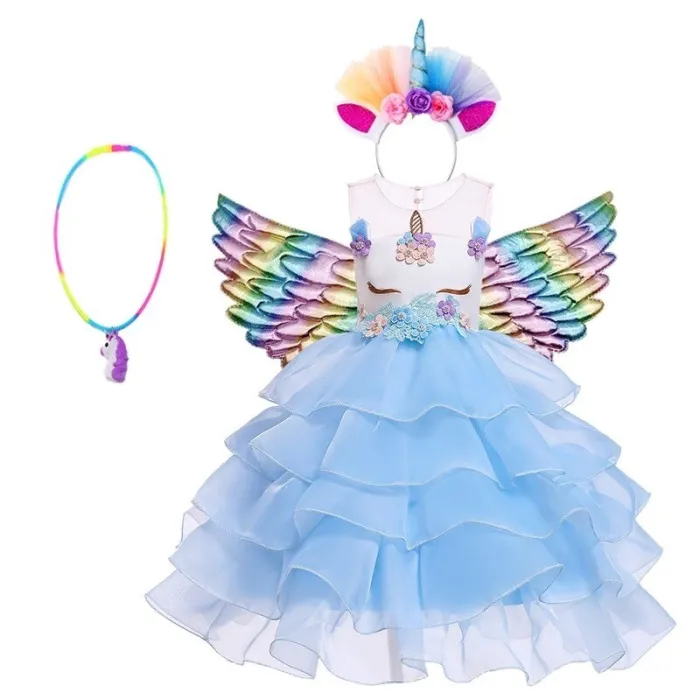 Robe licorne - costume de princesse pour fille - collier / bandeau / ailes