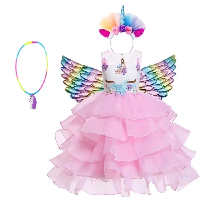 Abito da unicorno - costume da principessa per bambina - collana / cerchietto / ali