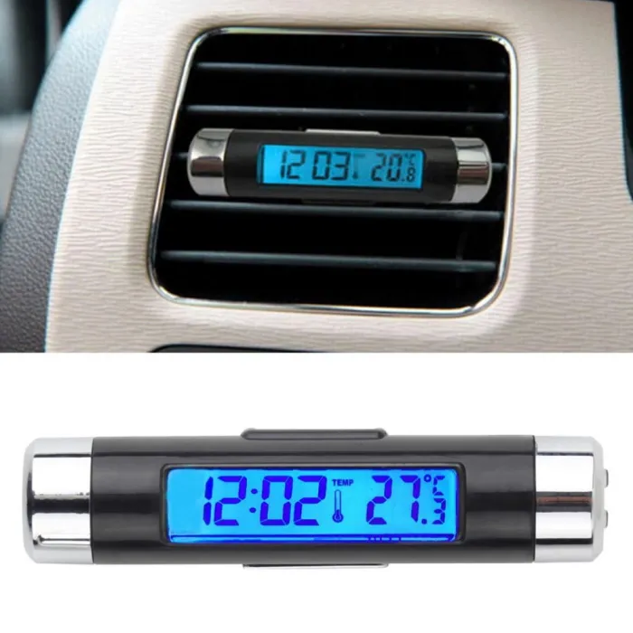 2 i 1 - bil LCD digital temperaturtermometer / klokke - clip-on