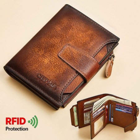 Vintage multifunksjonslommebok - RFID-beskyttelse - ekte skinn