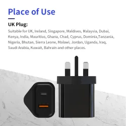 Ładowarka ścienna - wtyczka UK - podwójne porty typ-C / USB - PD - szybkie ładowanie - 20WŁadowarki