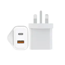 Chargeur mural - prise UK - double ports type-C / USB - PD - charge rapide - 20W