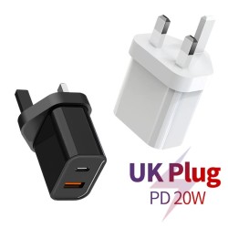Carregador de parede - plugue do Reino Unido - portas duplas tipo C / USB - PD - carregamento rápido - 20W