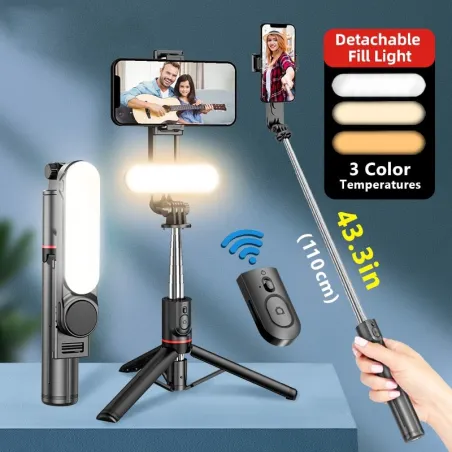 L15 - selfiestick - hopfällbart ministativ - med fyllningsljus - Bluetooth - fjärravtryckare