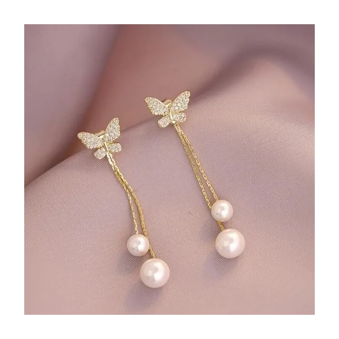 Long golden earrings - butterfly / pearlsEarrings