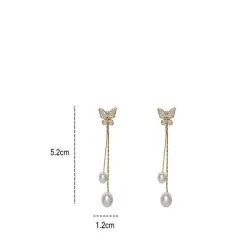 Boucles d'oreilles longues dorées - papillon / perles