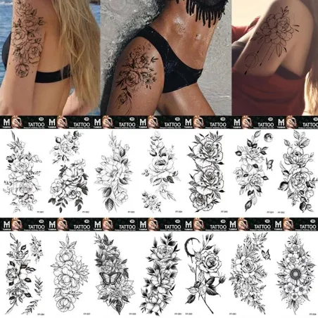Fleurs noires - tatouage temporaire - autocollant
