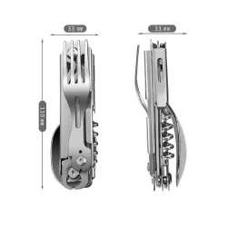 Vaisselle inox pliante - cuillère / couteau / décapsuleur - kit camping / voyage