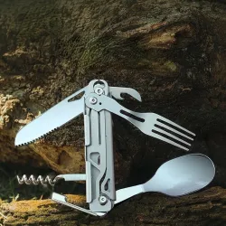 Vaisselle inox pliante - cuillère / couteau / décapsuleur - kit camping / voyage