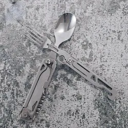 Vaisselle inox pliante - cuillère / couteau / décapsuleur - kit camping / voyage